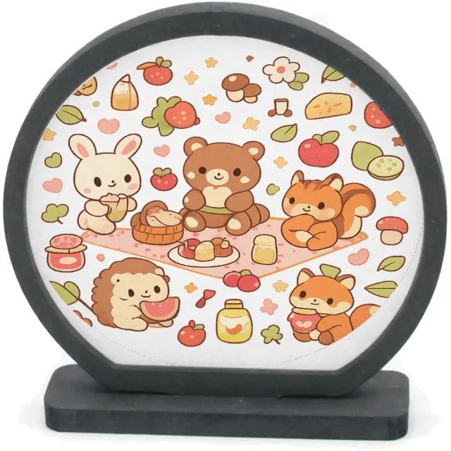 Mr Cadeautjes Houten fotolijst rond met MDF inleg - design Een vrolijke set kleine bosdieren die samen picknicken tusse | cadeau Wit