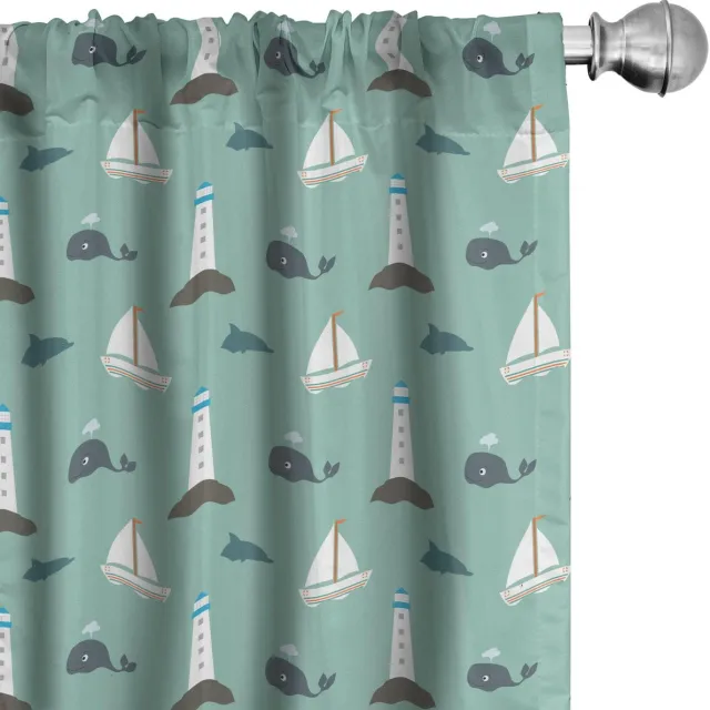 ABAKUHAUS Walvisgordijnen – 2x75x175 cm – Microvezel – Vuurtoren-zeilmotief – Licht zeeschuim-hemelsblauw Pale Seafoam Sky Blue