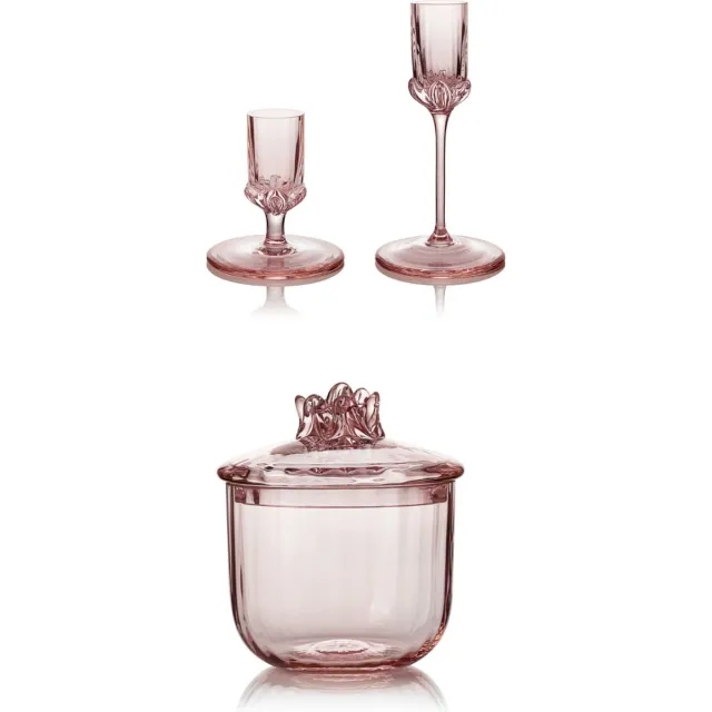 Skloglass Handgemaakte cadeuset Sakura, schaaltje met 2x kandelaar, kleur ROZE