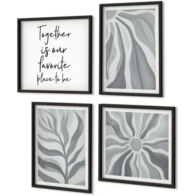 Coloray 4-Delige Schilderij Set - Bloemenpatronen In Pasteltinten, Illustraties En Belettering. - 40 x 40 cm En 40 x 60 cm - Wanddecoratie - Muurdecoratie - Woonkamer - Decoratieve Schilderijen Zwarte lijst