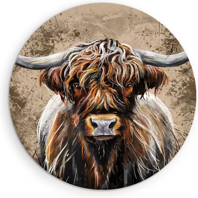 Saammp Forex Muurcirkel - Schotse Hooglander Koe - Portret - Landschap - Dieren - Natuur - Ø 90 - Wandcirkel - Wanddecoratie Cirkel - muurdecoratie Woonkamer - Slaapkamer decoratie - Rond Schilderij