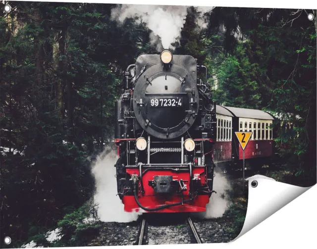 Gards Tuinposter Locomotief in de Bossen met Stoom Wolken - 90x60 cm - Tuindoek - Tuindecoratie - Wanddecoratie buiten - Tuinschilderij Multikleur