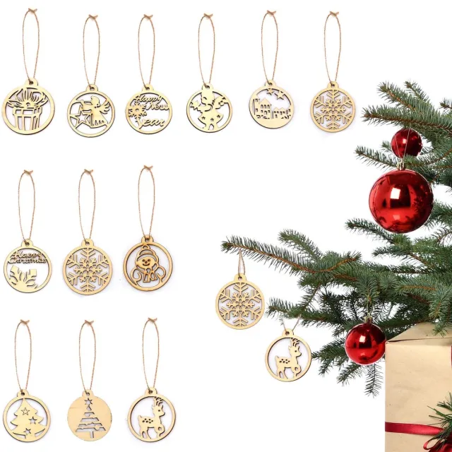UNUS Kersthangers rond cadeau engel sneeuwpop 12 stuks set 7 cm houtlook Bruin