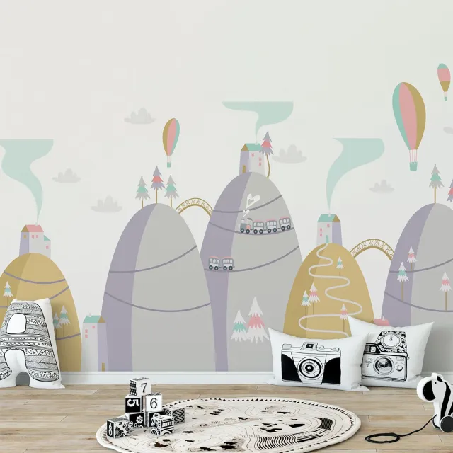 Ambiance Sticker Scandinavische bergstickers met heteluchtballonnen bij de heuvels, 60 x 90 cm Multi color