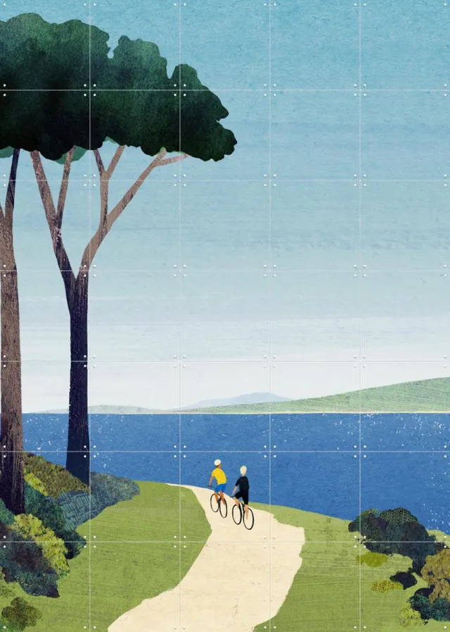 IXXI Cycling by the Sea, Henry Rivers - 100 x 140 cm - Grote wanddecoratie en posters - Illustraties, Minimalisme, Grafisch Ontwerp, Abstract Groen / Blauw / Beige