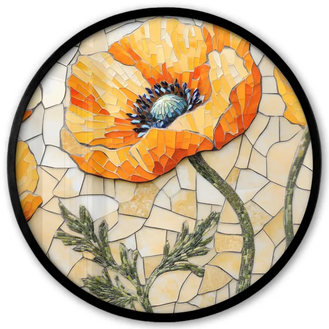 FrameYourWall Poster in lijst Rond - Fotolijst 40x40 cm - Posters - Klaprozen - Oranje - Mozaïek - Bladeren - Ronde posterlijst zwart - Decoratie - Wanddecoratie woonkamer - Muurdecoratie slaapkamer Klaprozen - Mozaïek