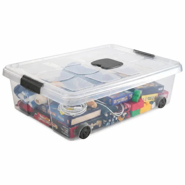 PLASTICFORTE Opslagbox - 1x stuks - met deksel - 31L - 62 x 45 x 18 cm - transparant - opbergbak - met wielen Multi