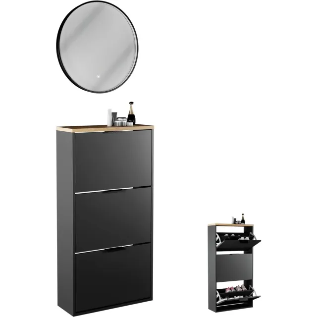 Planetmöbel STIVIO - Schoenenkast 60 cm - Zwart - 3 kleppen - Met ronde LED-spiegel 3 kleppen, Zwart