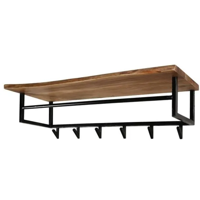 Industrieel In Huis Luxe Kapstok Hangend 6 Haken - Wandkapstok Muur - Kapstokhaak 6x - Kapstokken Industrieel Staand - Wandkapstok met Hoedenplank Hout & Zwart Metaal Landelijk - Wandkapstok met Plank (100 cm x 33 cm x 27 cm) Hout - Zwart