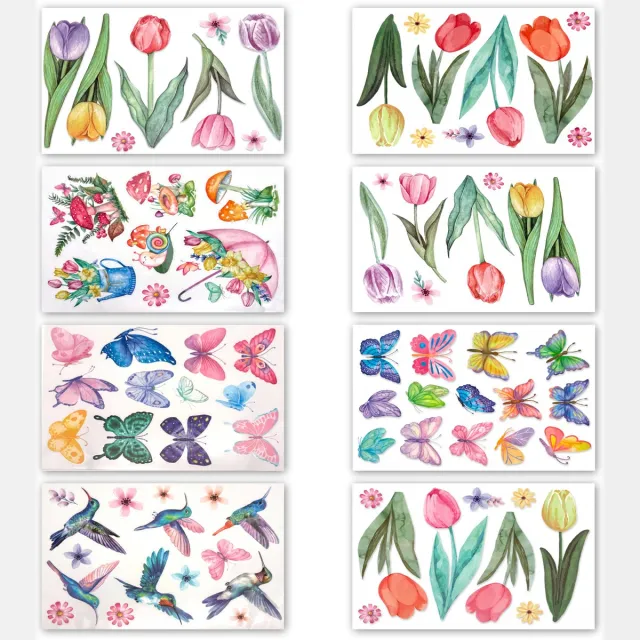 Purepeak Raamstickers Set 8 Vellen - Raamstickers - Dubbelzijdig bedrukt - Vlinders - Bloemen Blauw