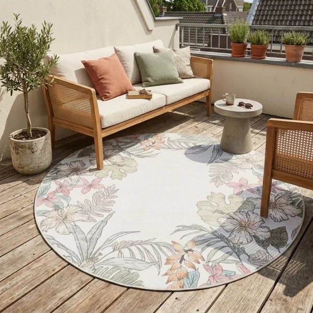 Fraai Rond buitenkleed bloemen - Poppy Creme - Ø 200cm Crème