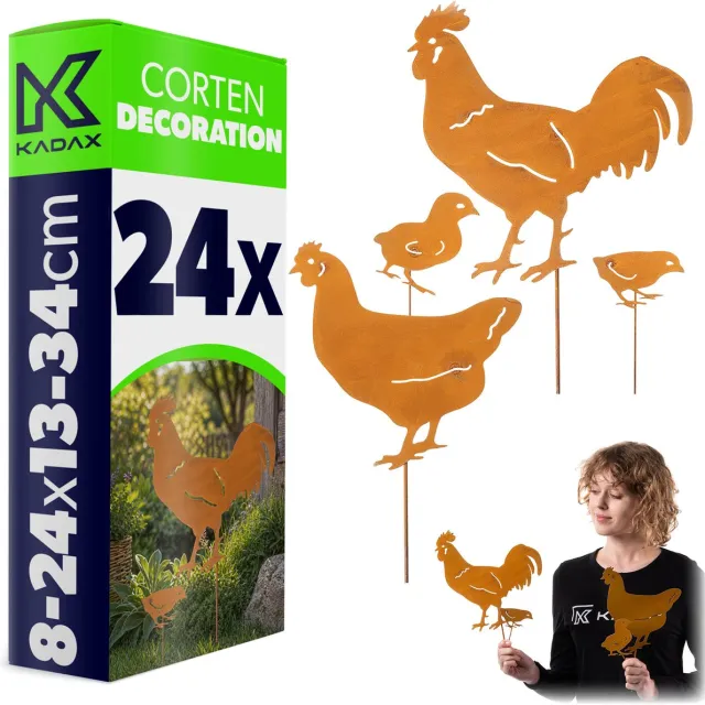 KADAX tuindecoratie: kippenfamilie van cortenstaal, 24-delige set met kippen, haan en kuikens, metalen tuindecoratie in roestlook, decoratie met natuurlijke roestlaag voor in de tuin roestbruin