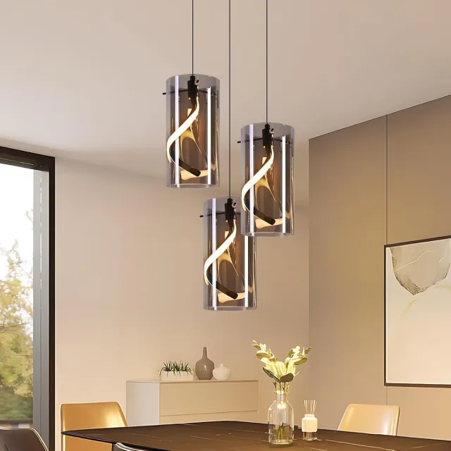 Glitzerlife Hanglampen - 3-lichts - 3xLED - 23W 3000K warm wit - In hoogte verstelbaar - Glas - Ø25cm - Rookgrijs - hanglamp eetkamer - hanglamp woonkamer Mat Zwart Schijf