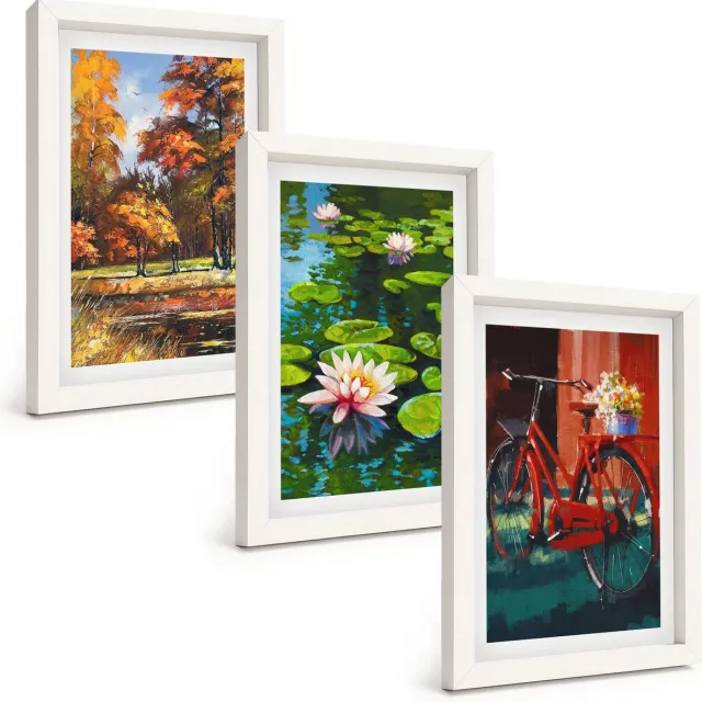 TULUP 3-Delige Schilderij Set - Herfstkleuren, lelievijver, fietsen op het terras - 20x30 - Decoratieve Schilderijen - Wanddecoratie - Hal Witte lijst