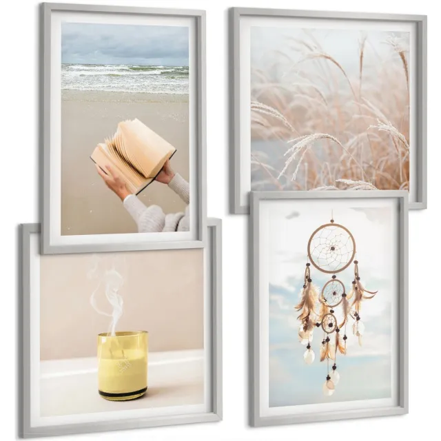 TULUP 4-Delige Schilderij Set - Rustige landschappen, delicate zomeruitzichten, boho-stijl - 40 x 40 cm en 40 x 60 cm - Stijlvolle Wanddecoratie - Interieur - Decoratieve Schilderijen Zilveren lijst
