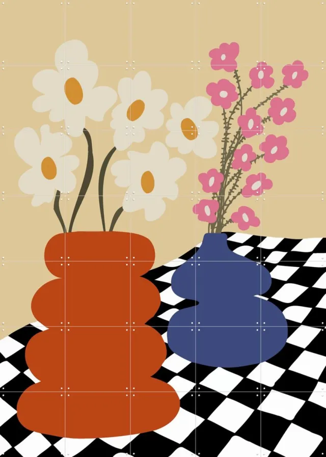 IXXI Two Blooming Pottery, Miho Art Studio & Various - 100 x 140 cm - Grote wanddecoratie en posters - Digitale Kunst, Geometrische Kunst, Abstract Blauw / Rood / Geel