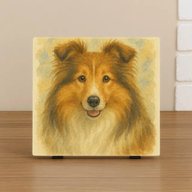 CreaCraft Spreuk Tegel 10,5x10,5cm – Sheltie Hond – Aquarel Portret & Wanddecoratie – Trendy Nu –Decoratie – Zomaar – Decoratief Tegeltje met Standaard – Cadeau Idee Illustratie