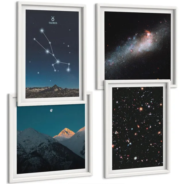 TULUP 4-Delige Schilderij Set - Ruimtelandschappen met sterren en het sterrenbeeld Stier - 40x40 en 40x60 - Wanddecoratie - Muurdecoratie - Woonkamer Witte lijst