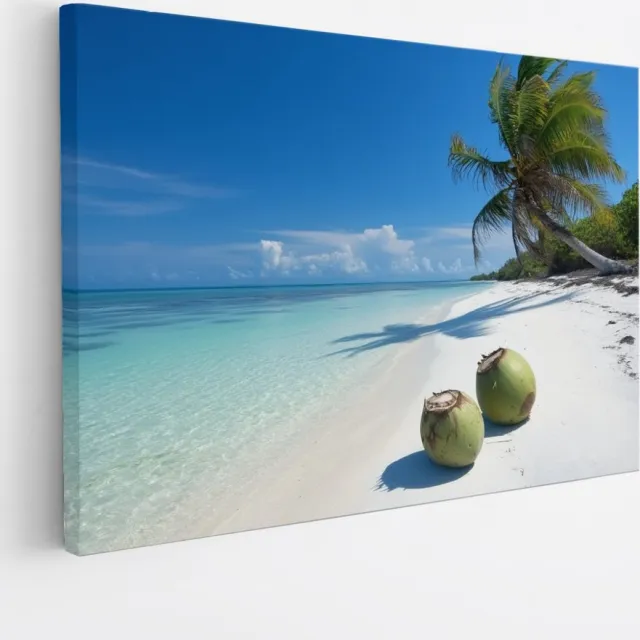 Saammp Canvas Schilderij - Strand met kokosnoten - Zee - 120x80 - Foto op canvas - Wanddecoratie - muurdecoratie Woonkamer - Slaapkamer decoratie - Canvas Print Multicolor