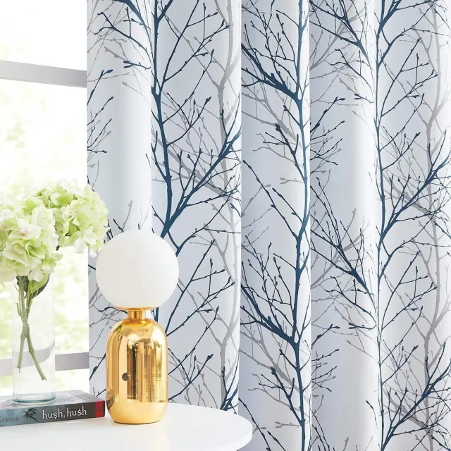 Ibenzoa Verduisterende Gordijnen Set Blauw-Grijs Boomtakken, 175x129cm, 2 Stuks, Thermisch Isolend blauw grijs