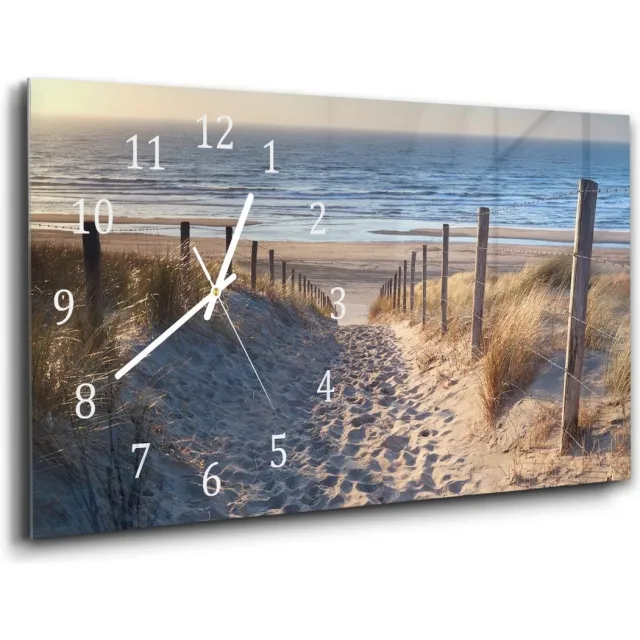 Mydesignglas Grote Glazen Wandklok XXL Wandklok 60x30 cm - Gehard Glas - Pad naar de Noordzee Wit - Stille Klok voor Woonkamer & Keuken - Modern Design