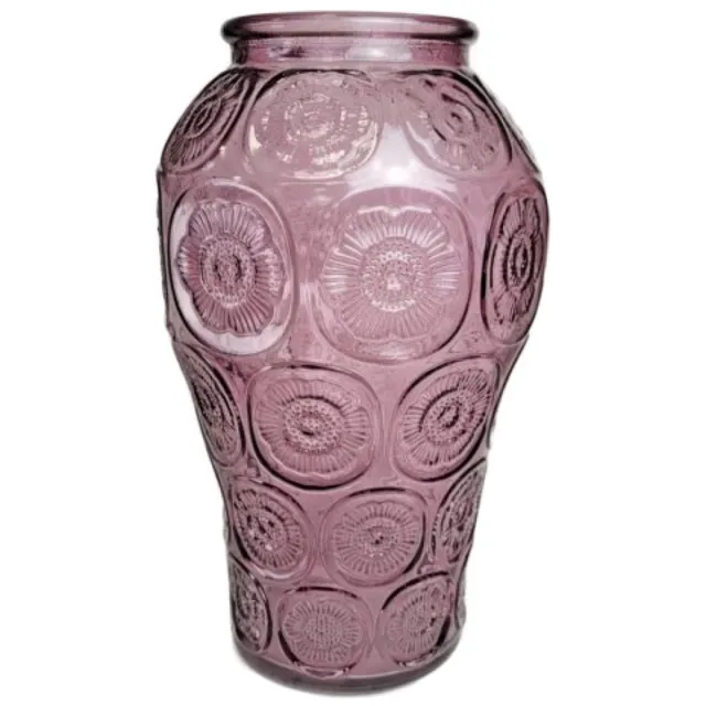MPLCo Bloemenvaas - Vaas - Glazen Vaas - Bloemenvaas met Reliëf Bloemenpatroon - Decoratieve Vaas voor Verse & Droogbloemen - Ø9.5 x 24 cm - Transparant Paars