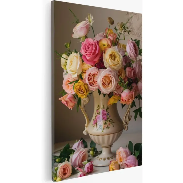 Saammp Canvas Schilderij - Roze Rozen in Klassieke vaas - bloemen - Abstract - 75x100 - Foto op canvas - Wanddecoratie - Muurdecoratie Woonkamer - Kantoor Decoratie Multicolor