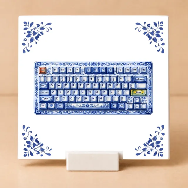 Bedruk King Delftsblauw Tegeltje 11x11 Toetsenbord met Houdertje – Cadeau voor Gamer, Programmeur of Computerfan Wit