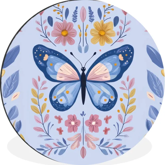 WallCircle Wandcirkel - Muurcirkel - Vlinder - Lichtblauw - Sierlijk - Bloemen - Aluminium - Dibond - 90x90 cm - Binnen en Buiten Vlinder - Sierlijk