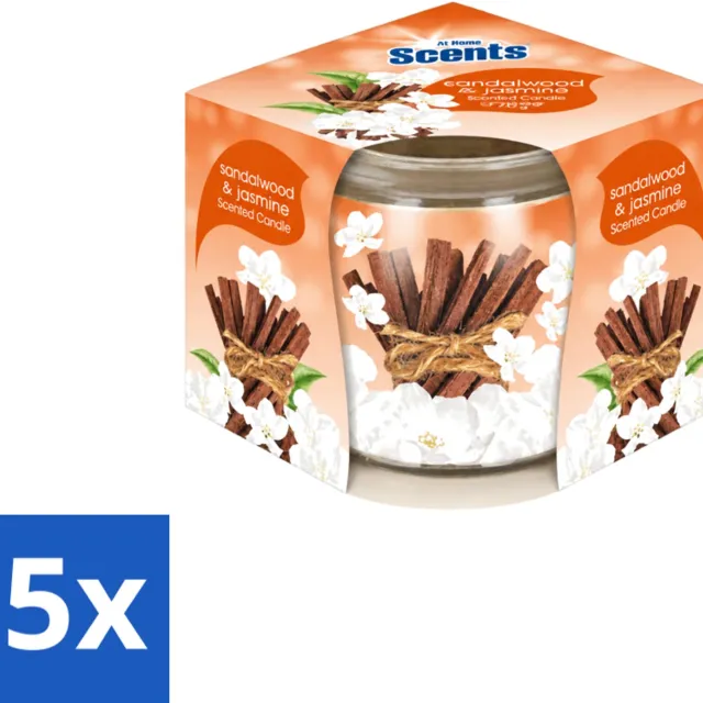 At Home 5 x At Home - Scents - Geurkaars - Sandalwood & Jasmin - 70 g - Voordeelverpakking - 5 stuks Bruin