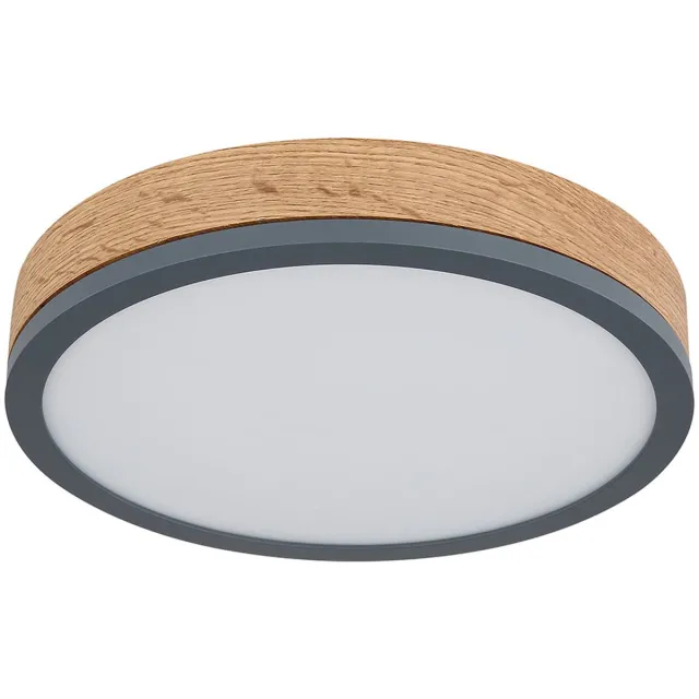 Globo Plafondlamp Designlamp Woonkamerlamp Keuken houtlook, metaal opaal grafiet, 1x LED 12 watt 950 lumen warm wit, DxH 30x8,5 cm Bruin