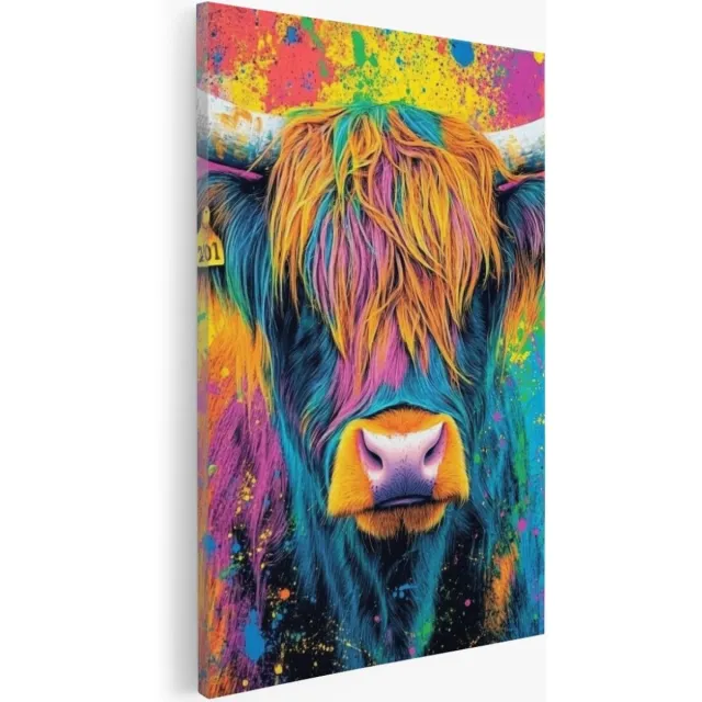 Saammp Canvas Schilderij - Schotse Hooglander Koe - Kleurrijk - Portret - Natuur - Dieren - 60x90 - Foto op canvas - Wanddecoratie - Muurdecoratie Woonkamer - Slaapkamer decoratie - Canvas Print Multicolor