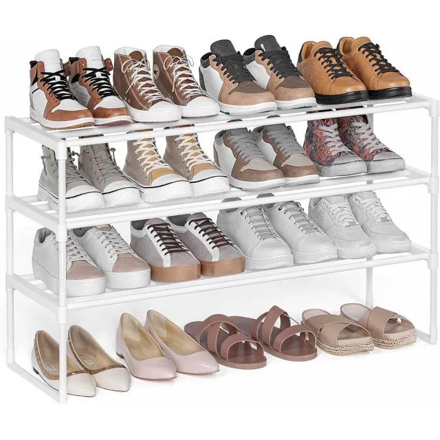 Songmics Schoenenrek met 3 Lagen, Schoenenorganizer, Metalen Opbergrek, Staand of Omgekeerd te Gebruiken, Geschikt voor 16 tot 20 Paar, Stapelbaar, Voor Hal of Slaapkamer, 30 x 92 x 55 cm, Parelwit LSA303W03