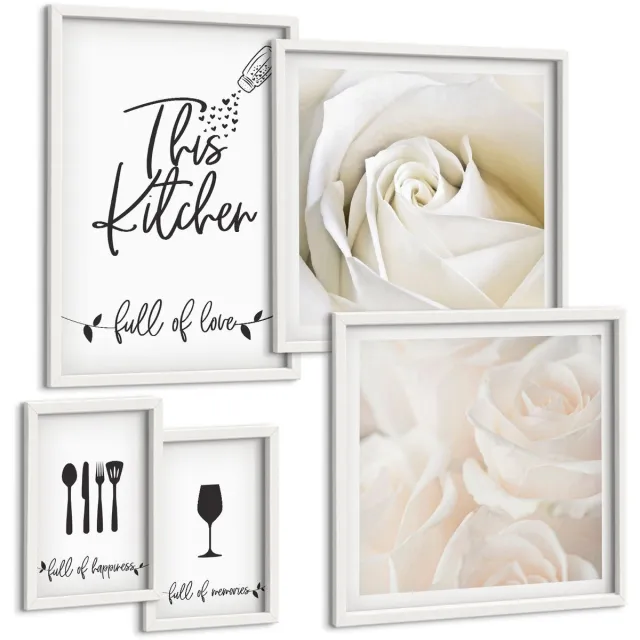 TULUP 4-Delige Schilderij Set - Stijlvolle keukendecoratie met plantmotieven en opschriften. - 50 x 50 cm, 20 x 30 cm en 40 x 60 cm - Moderne Wanddecoratie - Woonkamer - Interieur Decoratie Witte lijst