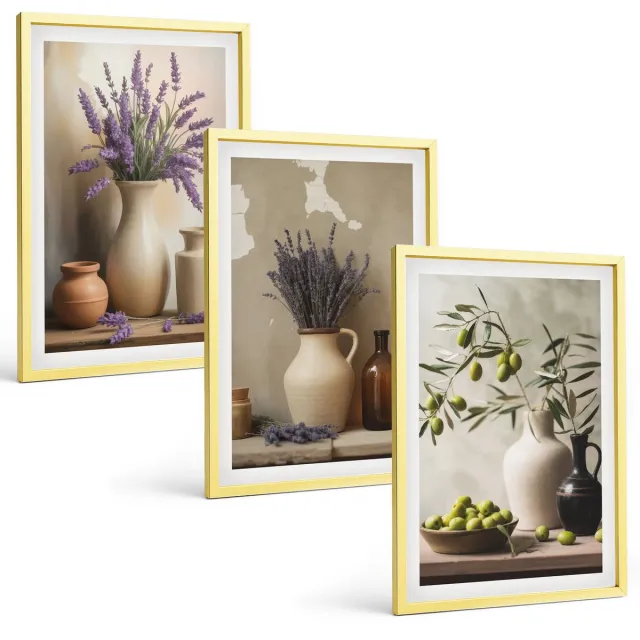 TULUP 4-Delige Schilderij Set - Bloemen in vazen, olijven en natuurlijke decoraties. - 40 x 60 cm - Stijlvolle Muurdecoratie - Slaapkamer - Wanddecoratie Gouden lijst