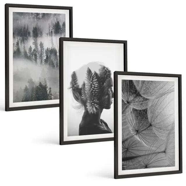 TULUP 4-Delige Schilderij Set - Bos in de mist: portret met bomen en een tere paardenbloem. - 40 x 60 cm - Decoratieve Schilderijen - Wanddecoratie - Hal - Woonkamer Decoratie Zwarte lijst