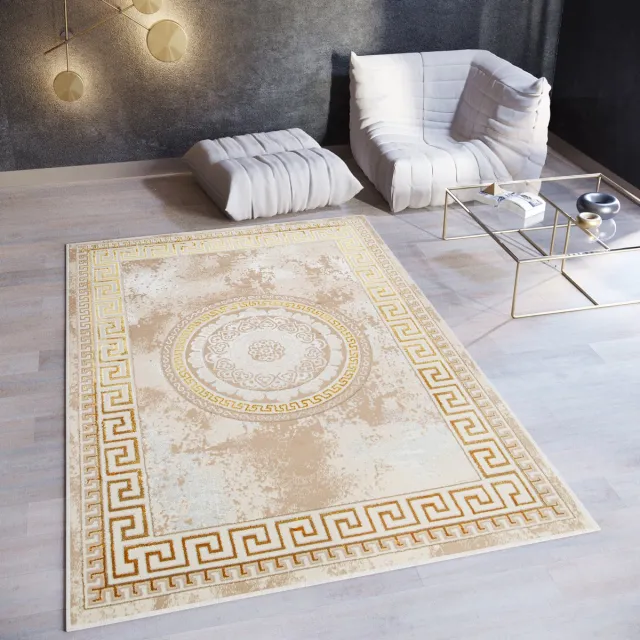 Tapiso Ares Vloerkleed Creme Frame Laagpolig Oriental Woonkamer Tapijt Maat- 120x170 Goud