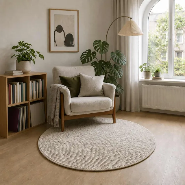 vidaXL Vloerkleed Crèmekleurig Ø 120 cm 100% Polyester 3 mm Wasbaar, foto 2