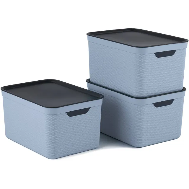 Rotho Jive opbergboxen set van 3 Opbergdozen 16 L met Deksel, Kunststof (PP Gerecycled), blauw/Antraciet, 3 x 16 L (37,5 x 27,8 x 29,8 cm)