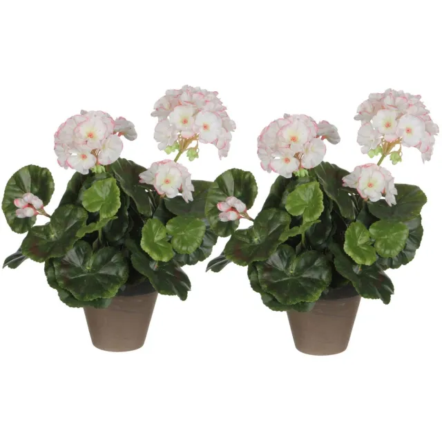 Mica Decorations Kunstplant - 2x - geranium - wit/roze - in pot - 34 cm - nepplanten - kunstbloemen Multi