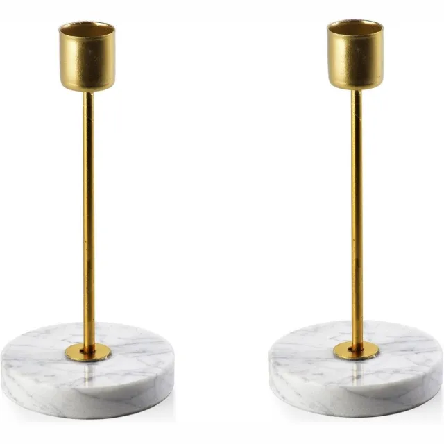mondex SET CEDRIC MARMEREN Kandelaars ( 2 stuks ) d7,5cm x h16,5cm Goud / Wit