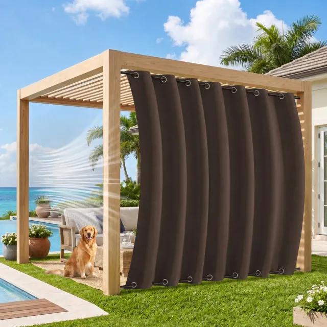 MUPOO Extra Brede Buitengordijnen Winddicht& Waterafstotend 254cm - Met Dubbele Fixatie Boven en Onder tegen Wind - Verduisterend & Isolerend - Outdoor Gordijnen voor Veranda, Balkon&Tuin - 254x244 cm - Bruin - 1 Stuk (Rideau Extérieur Imperméable) Bruin-1 stuck