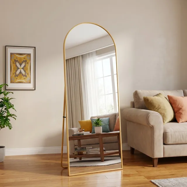 ROSAHQNDA Staande gebogen spiegel 162x53cm, Goud aluminium frame met verstelbare standaard, hangend of staand, geschikt voor slaapkamer, woonkamer en garderobe