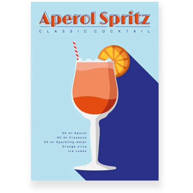 Yisual Aluminium plaat 20x30 cm - Poster - Aperol Spritz - Cocktail Recept - Oranje - Blauw - Retro - Art deco - Muurdecoratie - Wanddecoratie