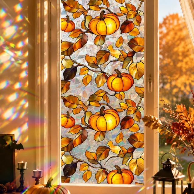SNQ Halloween Raamstickers – Herfst Pompoen Glas-in-Lood Raamfolie – 43x100 cm – Kleurrijke Statische Vensterdecoratie – Zonder Lijm en Herbruikbaar – Voor Halloween, Thanksgiving en Herfst – Raam, Deur, Woonkamer, Keuken Slaapkamer - Winkel en Etalage