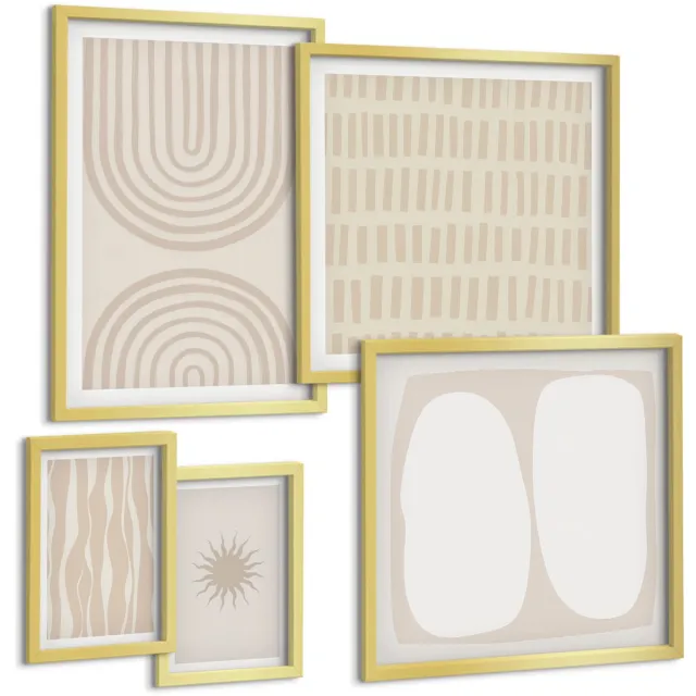 TULUP 5-Delige Schilderij Set - Stijlvolle abstracte vormen in natuurlijke tinten. - 50 x 50 cm, 20 x 30 cm en 40 x 60 cm - Muurdecoratie - Decoratieve Schilderijen - Wohnzimmer - Woonkamer Decoratie Gouden lijst