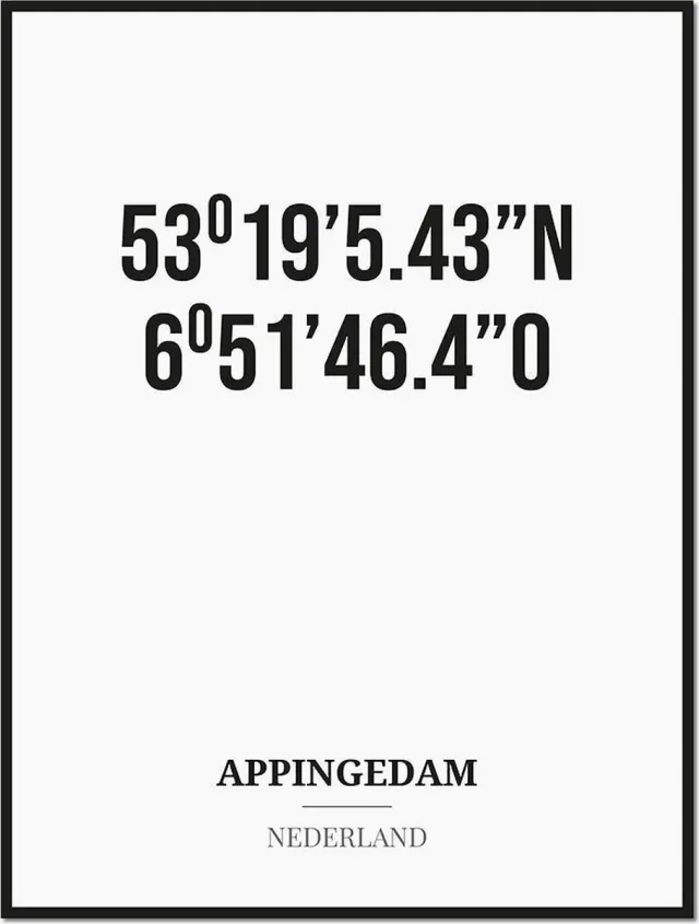 Studio216 Poster/kaart APPINGEDAM met coördinaten zwart, wit