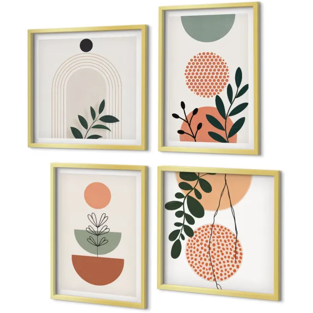 Coloray 4-Delige Schilderij Set - Plantmotieven in moderne vormen en kleuren - 40 x 40 cm en 40 x 60 cm - Moderne Wanddecoratie - Slaapkamer - Woonkamer Decoratie Gouden lijst