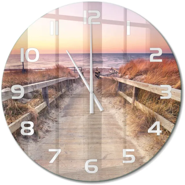 TULUP Wandklok - De weg naar het strand Decoratieve Glazen Klok - fi60 cm - Oranje Glazen Wandklok Design - Witte handen - Ronde Klok - Glazen Klok Met Print - Wandklok Glas Met Motief