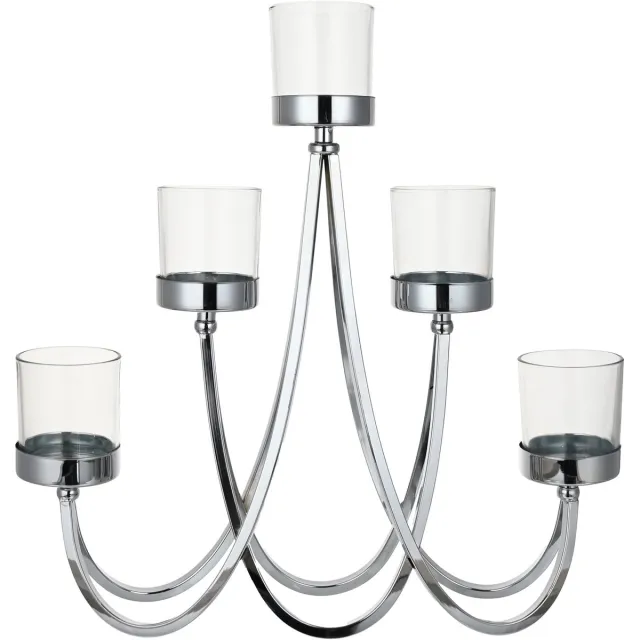 Goebel Accessoires | Kandelaar Zilver met helder glas | Metaal - 41cm - 5 kaarsen Divers